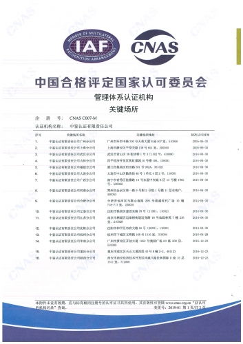中國合格評定國家認可委員會(CNAS)認可證書附件(分支機構-1)